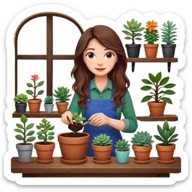 
Close-up of a woman with long, wavy brown hair planting a seedling in a pot. Surrounding her are plants and succulents with vibrant leaves and flowers. Sunlight filters through the window, casting soft shadows. A cozy interior space with gardening tools on a wooden table. sticker