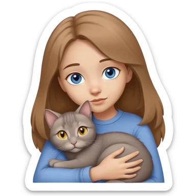 A girl with light brown hair and blue eyes hugs a gray lop-eared cat with yellow eyes sticker