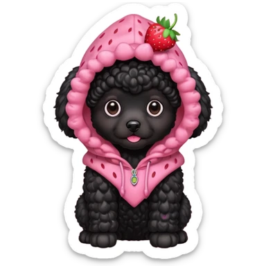 A black poodle puppy with a strawberry hood sticker