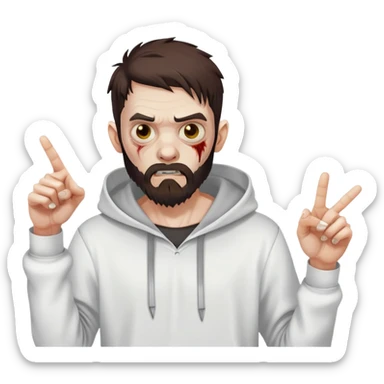 zombie pointing finger, undercut hairstyle with dark brown hair, short full beard, wearing plain white hoodie sticker