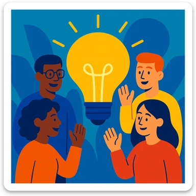 group of diverse people around a glowing lightbulb representing shared knowledge and teamwork sticker