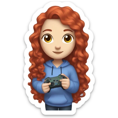 a white girl with long red curly hair, wearing periwinkle Minecraft hoodie holding a controller sticker