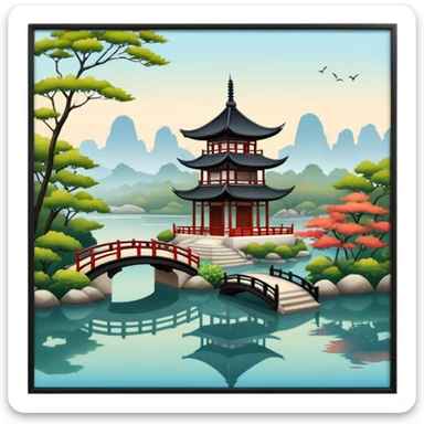 Chinese garden with pagoda and calm water sticker