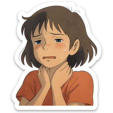 ghibli style girl with a pained expression, hands gently at her neck, soft lighting, emotional focus sticker