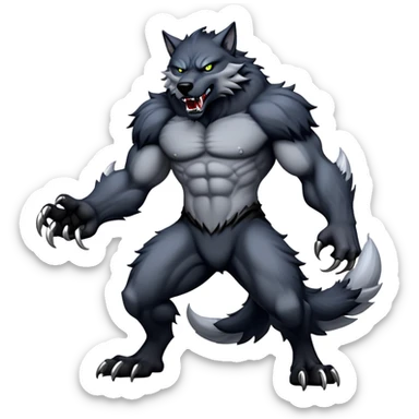 cinematic-noble-fierce-werewolf-full-body-emoji, poised-and-imposing, with a tall, lean, and muscular wolfish frame inspired by the brutal, imposing shape of the beast from Berserk, fur rippling in shades of midnight black and silver, massive paws with razor-sharp claws, elongated limbs and fangs, eyes glowing with an intense, primal ferocity, reflecting the untamed power of the wild moonlit night; rendered with realism sticker