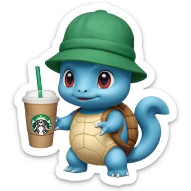 Squirtle with a Starbucks cup and a green hat sticker