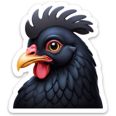 Cinematic Noble Black Chicken Portrait Emoji, Poised and regal, with a compact, sturdy build and a glossy, well-groomed pure black plumage, deep-set soulful beady eyes, Simplified yet sharp and sophisticated features, highly detailed, glowing with a soft, dignified glow, high shine, intelligent and alert, stylized with an air of mysterious elegance, focused and attentive, soft glowing outline, capturing the essence of a watchful and confident fowl, so majestic it feels as though it could strut out of the screen with effortless authority! sticker