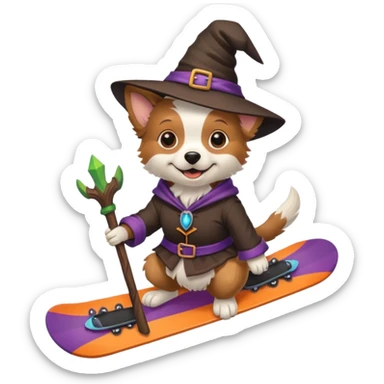 Dog with a snowboard in a witch costum sticker
