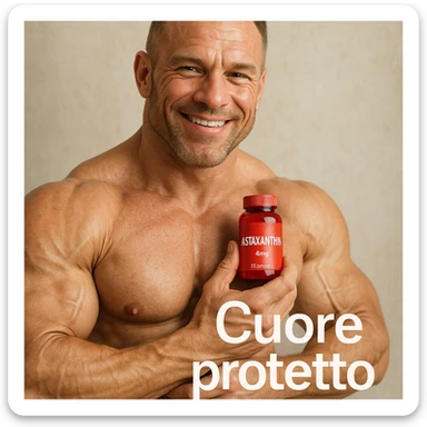 hyper realistic bodybuilder holding red bottle of astaxanthin near heart, well visible muscles, text 'Cuore protetto', positive atmosphere, realistic details sticker