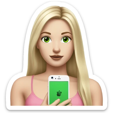 Realistic White girl with Long straight blonde hair, green eyes, tattoos, full body wearing white crop top, holding pink iphone sticker