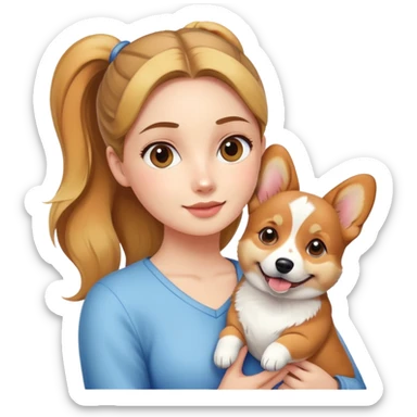 A girl with a ponytail holding a corgi sticker
