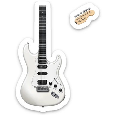 White electric guitar with sleek shiny body, black strings, and smooth neck sticker