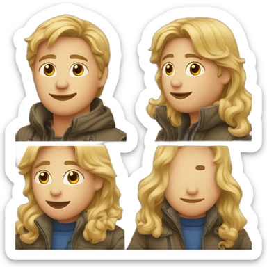 Een man met een rode jas aan met een groot gezicht en kort blond haar en een spijkerbroek aan en witte tanden sticker