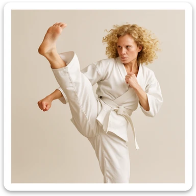 blonde curly haired woman performing a high karate kick, action pose, focused face, minimal background sticker