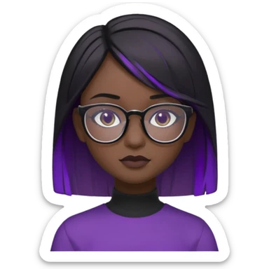 chica bonita con ligero cabello negro con rayas moradas que llega hasta los hombros con lentes cuadrados de estatura pequeña con ropa negra con otro estilo de cabello sticker