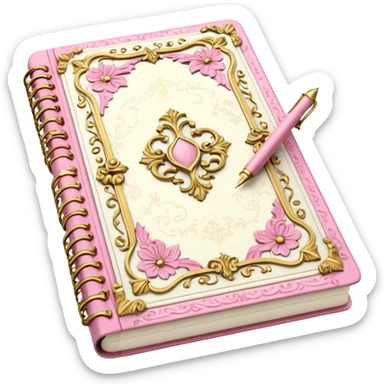 Notebook rococo style, gold and pink and white. angled view. with pen sticker