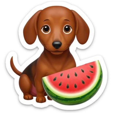 dachshund with brown eyebrows holding a watermelon sticker