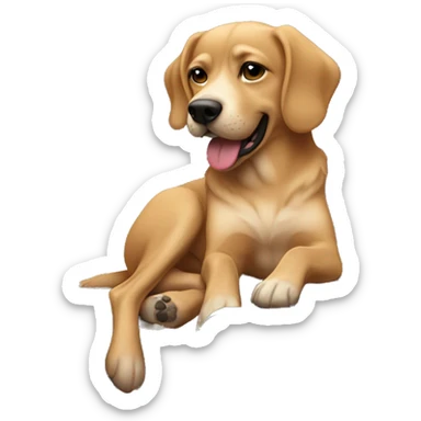 Tan dog laying down in front of a piano  sticker