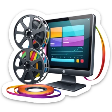 Create a vibrant and modern icon representing Animation and Motion Design, featuring elements like a film reel, a computer screen, dynamic motion lines, and a cinematographic film strip on an editing table. The design should be colorful, and dynamic, without any emojis. The background's transparent. sticker