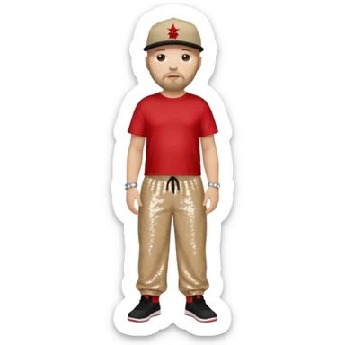Fred Durst with dark blonde hair, red sequin crop top, beige sequin baggy pants sticker
