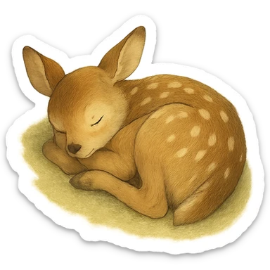 realistic baby fawn curled up sleeping, natural colors, soft, fairy-like atmosphere, no background, square size sticker