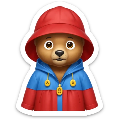 A bear in a red rain hat and a blue raincoat with yellow buttons down the middle sticker