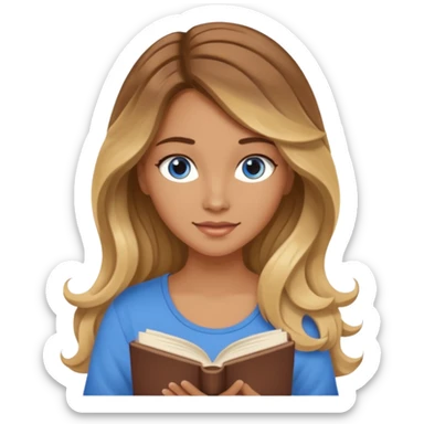 pretty female with long wavy brown hair with blonde highlights and blue eyes  in a relaxed position reading the book 'Rebecca' sticker