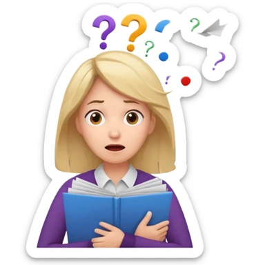 A kindergardenteacher with an overwhelmed expression, surrounded by flying papers and three question marks. sticker