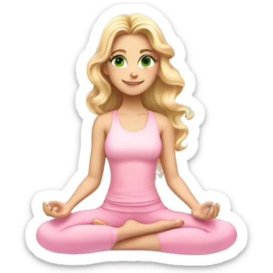 blonde long curled hair and green eyes yoga beautiful girl in light pink pink pink clothes sitting on a yoga mat sticker
