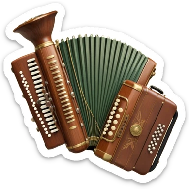 Create a colorful and cultural humanless emoji representing folk singing. The design should feature a collage of traditional folk instruments, such as a wooden flute (dudka), a button accordion (harmon), a set of gusli, and a tambourine (buben), all arranged in a harmonious, flowing design around a vintage microphone. The instruments should have earthy, natural tones like wood browns, brass accents, and vibrant colors reflecting their folk origins. Add subtle musical notes to tie the elements together, symbolizing the power of folk music. The background should be transparent. sticker