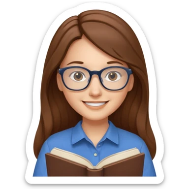 Women with long brown hair smiling, the lady wear glasses and a blue shirt reflecting harmony and peace. En her hands have a open book  sticker