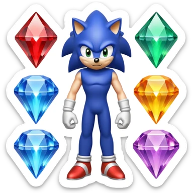 I want Sonic the hedgehog with the 7 chaos emeralds and the Goku aura transformation, where is the super Sonic aura Is a power 7 diamonds, red, blue, yellow, green, white, skyblue and purple sticker