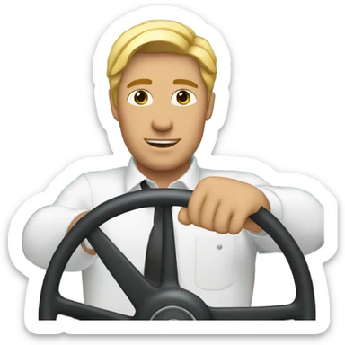 blond man with white button-down shirt behind a steering wheel sticker