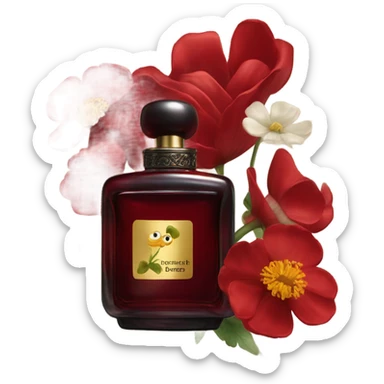 Dark red sophisticated perfume bottle with red buttercups and a silk scarf sticker