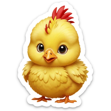 Cinematic Cute Yellow Baby Chicken Portrait Emoji, Head tilted playfully and inquisitively, featuring a fluffy, vibrant yellow downy coat with a tiny red comb, round, sparkling beady eyes filled with curiosity, Simplified yet irresistibly adorable features, highly detailed, glowing with a warm, friendly glow, high shine, affectionate and lively, stylized with a touch of playful whimsy, bright and endearing, soft glowing outline, capturing the essence of a mischievous yet loving chick, so playful it feels like it could peep out of the screen and into your arms! sticker