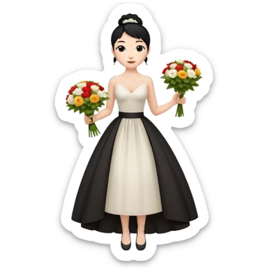 Chica blanca,cuerpo entero, vestido boda asimétrico tirantes , pelo negro,    ramo de flores una mano, pelo recogido en moño alto sticker