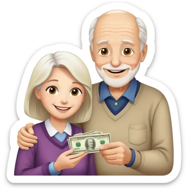 Kind elderly grandfather giving money to young adult woman who needs financial help, supportive family moment sticker