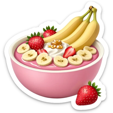 rose colour yougurt bowl with sliced fruits like strawberries and bananas, and some oat on the top and some honey sticker