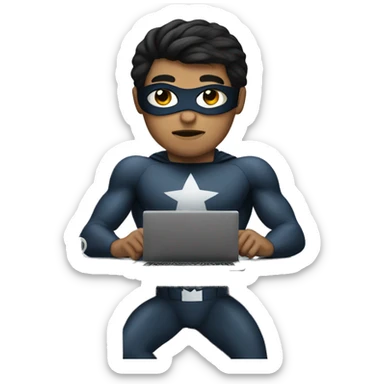 person at computer dressed as superhero with dark hair sticker