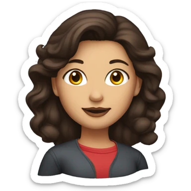 woman with a red long sleeve tshit, dark brown hair and dark brown eyes, has golden earrings and has two airplanes as eyes sticker