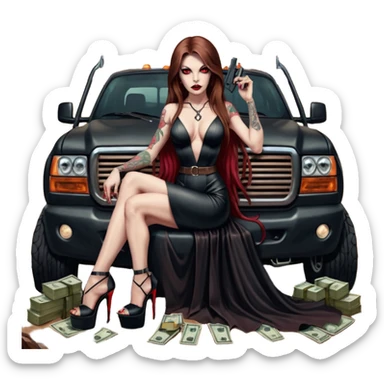 Lilith symbol red eye seductress evil long brown haired sexy succubus woman with leather long dress with slit, sitting in Big Large F350 pickup truck. Black Platform high heels on feet. Tattoo sleeve arms, seat full of stacks of cash, and a man dead human skull of her enemies and a gun in other hand sticker
