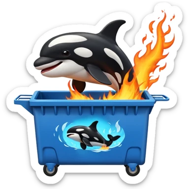 3d Cartoon orca coming out of a dumpster on fire sticker