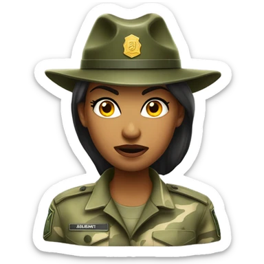 a female drill sergeant character wearing a classic sergeant hat and a camouflage army shirt. The character should have an angry intense expression. full torso sticker