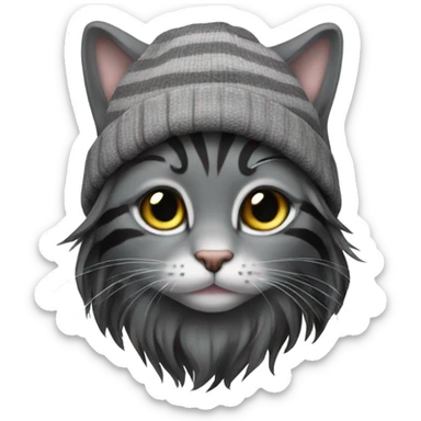 Gray and Black long hair stripe Cat wearing beanie sticker