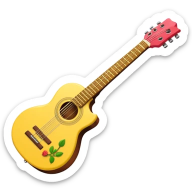 Un emoji estilo iPhone de una guitarra desarmanle vacía por dentro , con cuerpo color amarillo/dorado, mástil marrón y clavijas doradas. En el clavijero, en la parte superior izquierda, lleva una rosa roja con hojas verdes. El diseño debe ser minimalista, limpio, con bordes suaves y sombreados, sticker