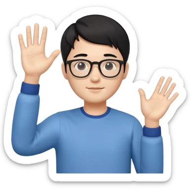 3D avatar of a Korean male frontend developer,
soft friendly expression,
short black hair with middle part,
one hand raised as if explaining,
clean and minimal style sticker