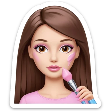 Barbie girl a brown long Straight hair and brown eyes is In pale pink smears by hand cosmetic cream Dior on her face sticker