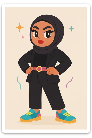 Change the outfit to black or very dark colors while keeping the baddie hijabi style. Maintain a confident pose, bold makeup, trendy outfit, stylish hijab, modern fashion, and attitude. Use vibrant colors only for accessories. sticker