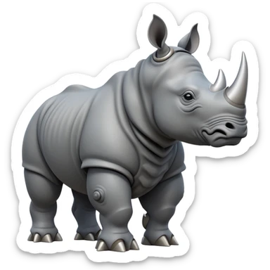 cinematic-rhino-full-body-standing-emoji,slate grey skin -massive-armored-body-poised-powerfully,-thick-horn-curving-slightly-forward,-head-tilted-dramatically,-rough-grey-hide-covered-in-dust,-simplified-focused-features sticker
