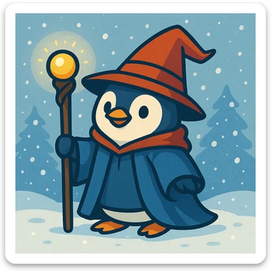 Add a snowy background behind the penguin wizard, keeping the whimsical style. sticker